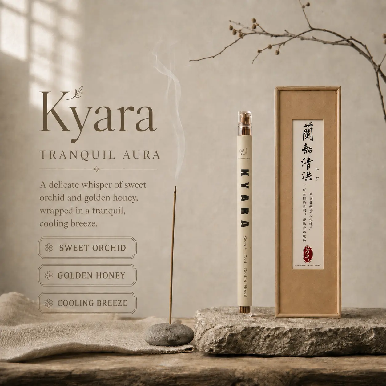Flow - Kyara Incense Sticks 10g, Handmade Natural Kynam Powder, Orchid Honeyed Cool Floral Scent, Calming Focus Aroma For Meditation Tea Ceremony Home Ritual Relaxation