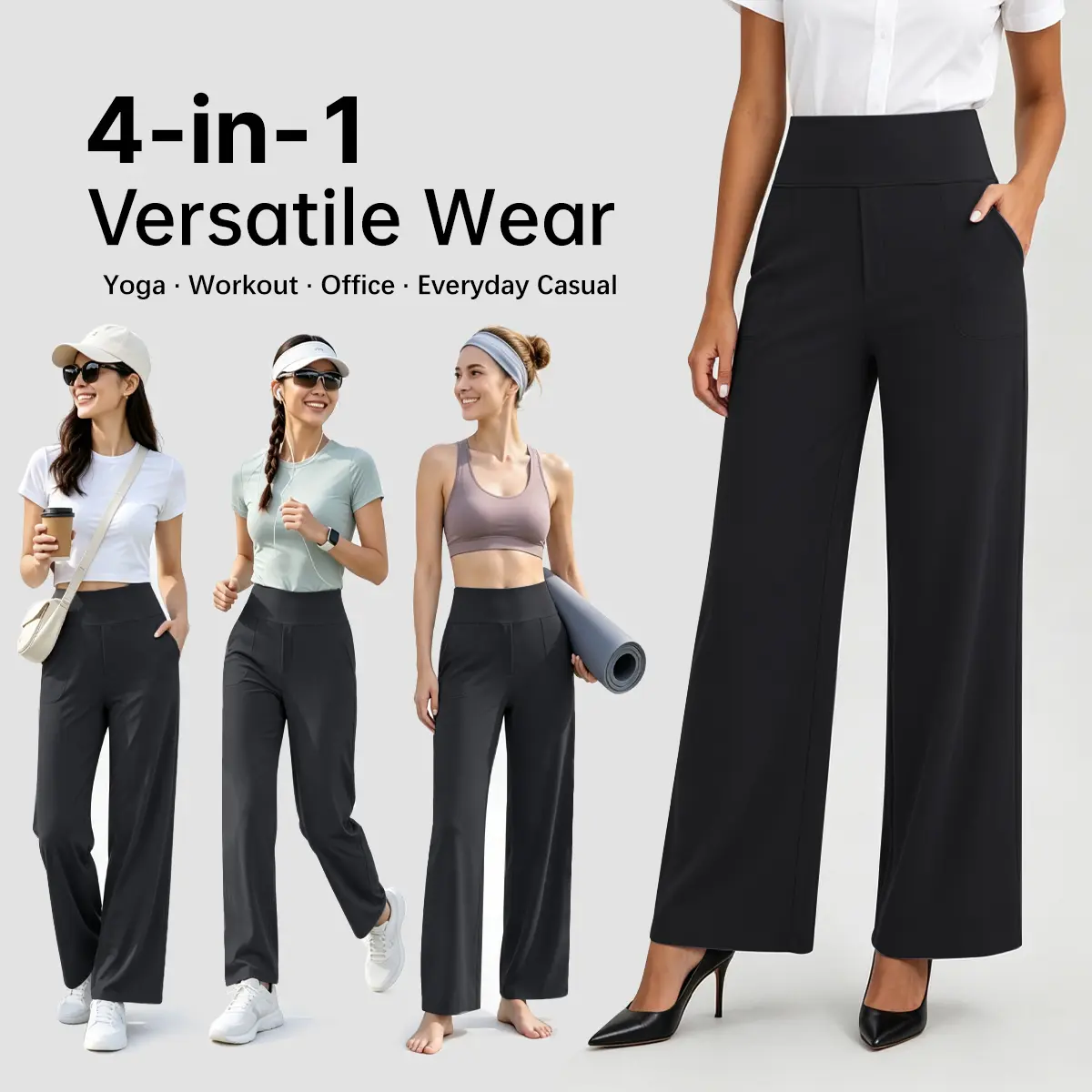 DAIISA Female High Rise Wide Leg Slacks Yoga Pants - Nylon Fabric, Buttery Soft 4-Way Stretch, Full Length Work Lounge Bottoms with Pockets