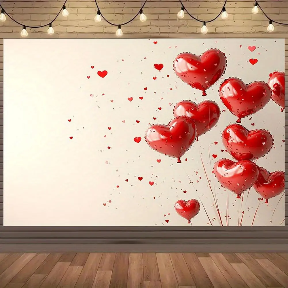 1pc 2D Flat Valentine's Day Romantic Heart Balloon Backdrop - No Electricity Needed, Durable Polyester Fabric with Glossy Red Hearts & White Background for Photo Booth, Party Decor, Weddings, An