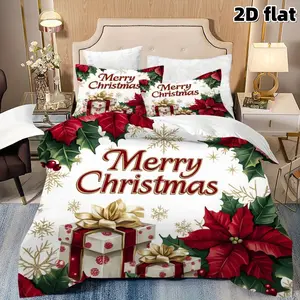 2D Flat 3Pcs Christmas Holly Berry Poinsettia Gift Box Duvet Cover - Winter Holiday Themed Bedding, Soft Microfiber Comforter with 2 Pillowcases (Unfilled) Festive Decor for Bedroom & Dorm, Ideal Gift, Bed Sets Supplies