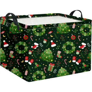 Rectangular Christmas Basket Trick or  Spooky Boo Basket with Handles for Women Girls Cute Storage Bin Organizer(Green Christmas)