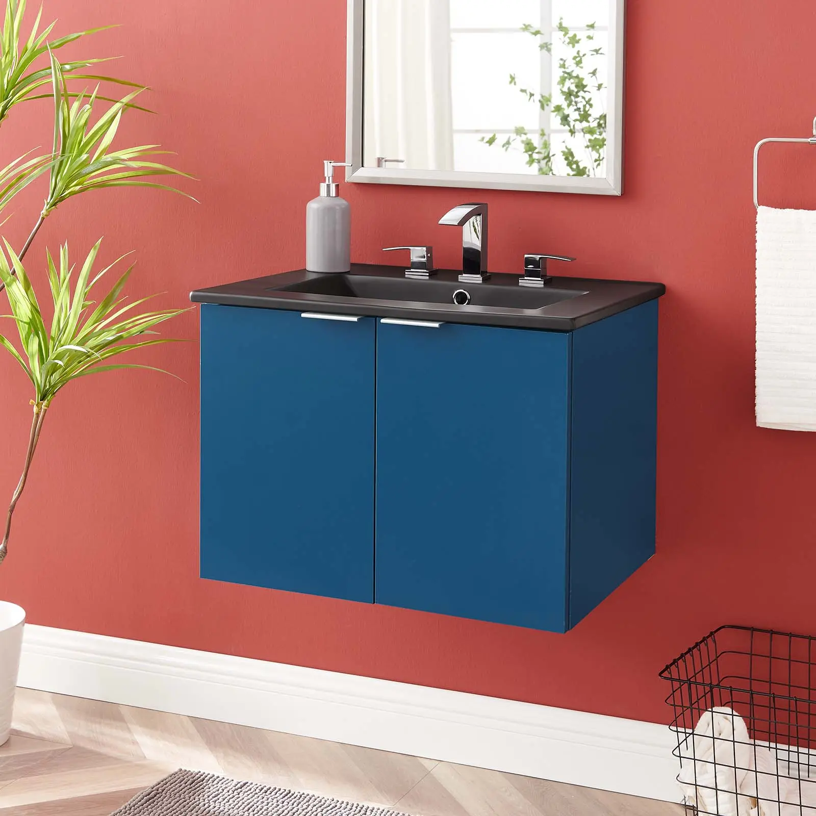 Modway Maybelle 24" Wall-Mount Modern Bathroom Vanity Cabinet, Navy Black Finish, Wall Hanging Design, 8" Centerset Faucet Holes, Assembly Required