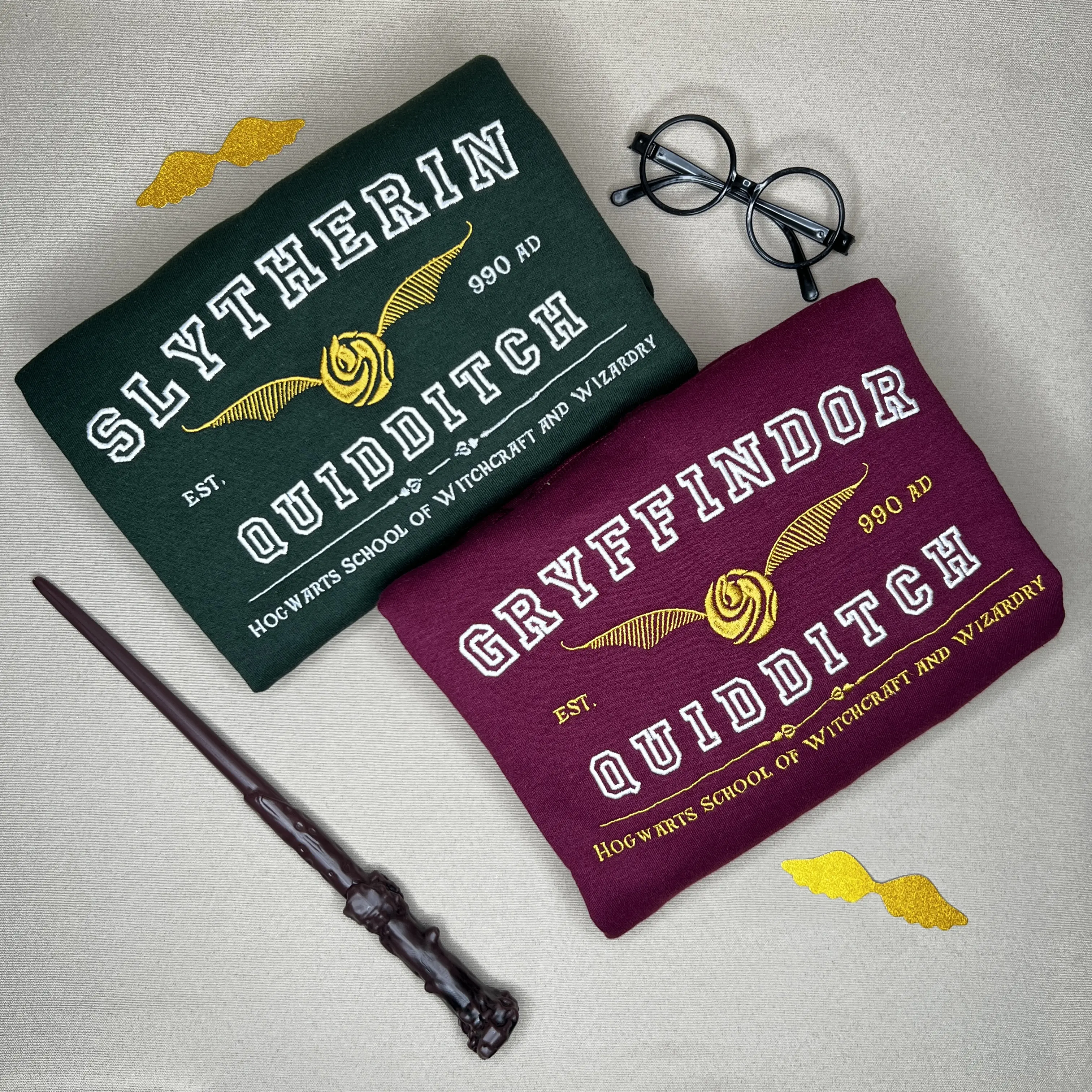 Hogwarts Quidditch Varsity Embroidered Sweatshirt Adult/Youth Unisex, Harry Potter House Crewneck, Gryffindor Slytherin Ravenclaw Hufflepuff Womenswear Yarn