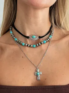 Boho Turquoise Cross Pendant Necklace Set, Vintage Layered Ethnic Jewelry, Festival Travel Vacation Style, Casual All Seasons