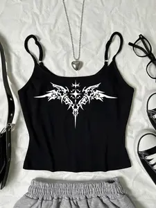 Y2K Gothic Style Cross Wing Print Adjustable Strap Top, Slim-Fitting Sleeveless Crop Top for Summer, Chic Streetwear Fashion for Women