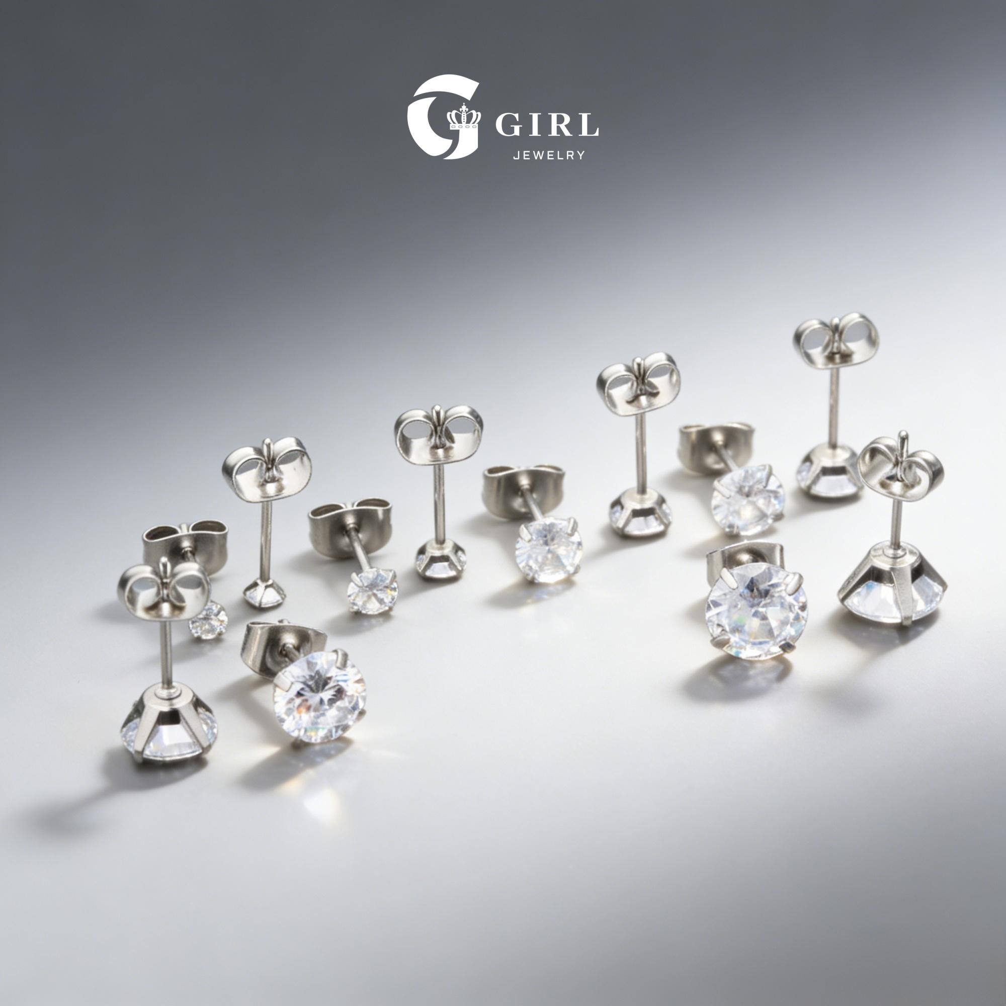 6 Pairs Stud Cubic Zirconia Earrings Set（ 3-8mm）, Stainless Steel Hypoallergenic Cubic Zirconia Earrings   Chic Gorgeous Jewelry As Gift for Girlfriend, Elegant Minimalist Earrings