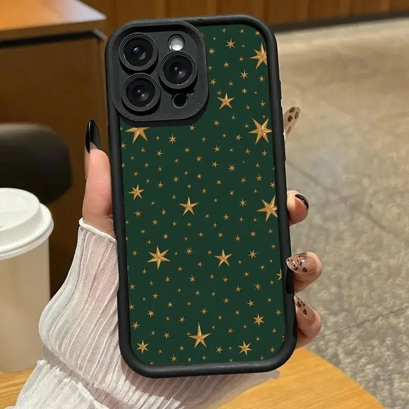 Dark green phone case with gold starry pattern. Compatible with iPhone 17 Pro Max/16 Pro Max/15 Plus/14/13/12/11, TPU soft case. Compatible with Galaxy S26 Ultra/S25 Plus/S24/S23, Dopamine color. Compatible with Galaxy A54/A53/A33/A15.