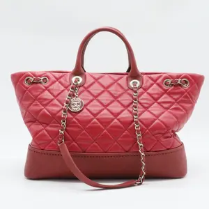 Pre-owned CHANEL leather Tote Bags Coco Drawstring Shopping Tote Quilted Calfskin with Caviar Large