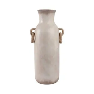 212 MAIN 24 in. Antique White Large Decorative Flower Vase - Rattan Handles, Pottery Base, Home Decor Accessory for Wall Display