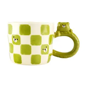 Golden Lion Hand-Painted Cartoon Bear Mug - Cute Green Ceramic Coffee Cup, 350ml, 9.2x8cm