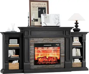 [2 package shipping]LGHM 70" Electric Fireplace with Mantel, Fireplace TV Stand for TVs Up to 80 Inch, Modern Entertainment Center with Storage, Realistic 3D Flame Effect and Stacked Stone Surround Design for Living Room