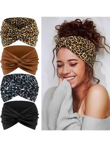 4 Pieces Women's Fashion Headband Set Women's Sports Workout Headband - Wide Elastic Soft Hair Bands for Yoga, Fitness & Cosmetics - Headband Hair Accessories  (Brown, Black, Leopard Brown, Leopard Grey)