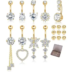 Trendy 9-piece set of 14K medical-grade stainless steel hypoallergenic silver/gold women's bow-shaped belly button rings, stylish pendant belly button piercing jewelry, comes with extra beads, perfect for casual outfits and everyday wear,