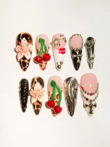 Cherry Confession custom Hand-painted Press-on Nails for summer/fall | Reusable nails included Nail Application Kit with Coin method sizing