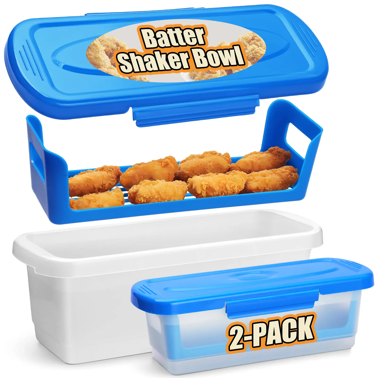 Flybok 2-Pack Plastic PVC Multi-functional Kitchen Food Storage Containers with Sealed Snap Lids, Breading Trays, Batter Bowls, Waterproof, Maintains Freshness, for Frying Chicken Wings, Fish, Dishwasher Safe, Easy to Clean