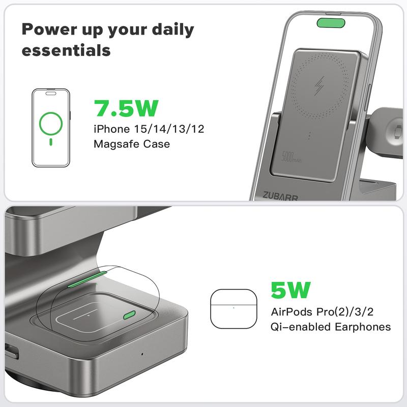3-in-1 Wireless Charging Station with Removable 5000mAh Magnetic Power Bank for iPhone 12/13/14/15/16 Series, AirPods iWatch Series Wireless Charger