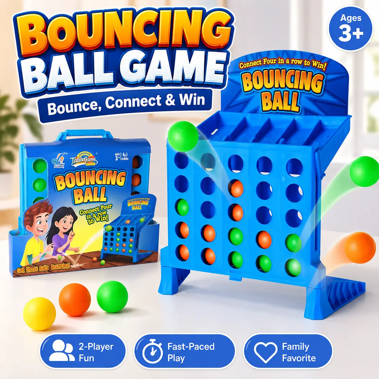 Bouncing Ball Connect Game, 2 Player Interactive Strategy Board Game, Fast-Paced Family Party Game, Bounce & Connect Four Challenge Toy, Indoor Entertainment Gift for Kids Ages 3+