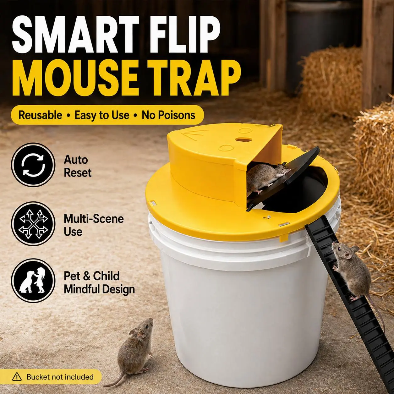 Mouse Rat Trap Flip, Mouse Traps Indoor for Home, Multi-Catch, Auto-Reset, Humane Mouse Trap, Rodent Pet Safe Reusable Mouse Trap, Slide Mouse Trap Lid Mouse Trap, Mouse Traps Bucket, for indoors, outdoors, barn, workshop, chicken coop or garden