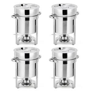 11QT Soup Chafer Set of 4, Stainless Steel Round Soup Warmer with Pot, Notched Lids & Fuel Holders, Commercial Food Warmer for Buffets, Events