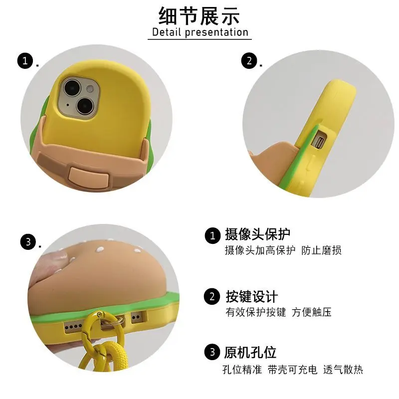 New INS Creative Funny Hamburger Slippers Shape Soft Phone Case For iPhone 16 15 14 13 Pro Max Protective Cover With Lanyard