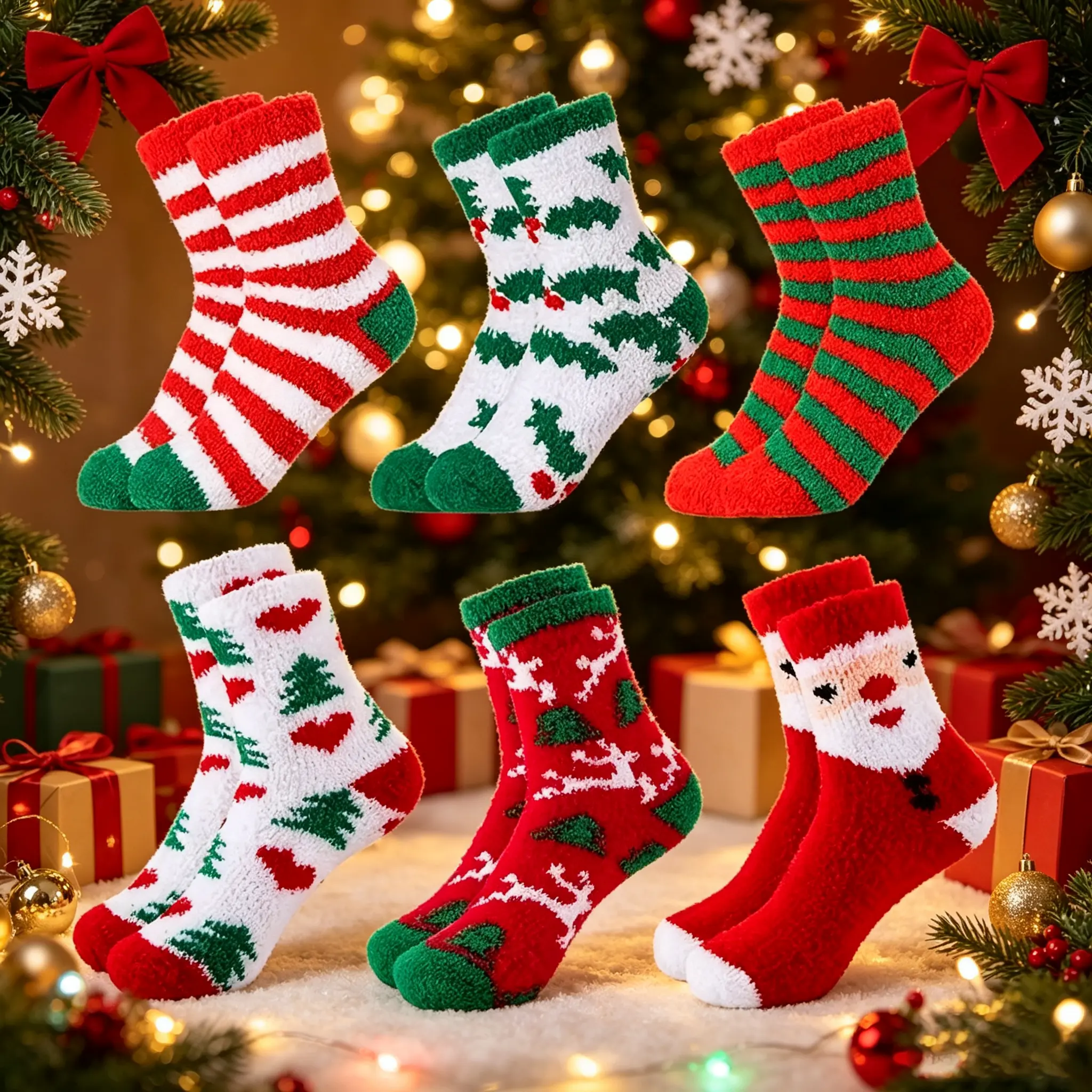6 pairs of women's Christmas warm and soft floor socks, thickened coral fleece sleep socks with cartoon designs, the perfect Christmas gift.