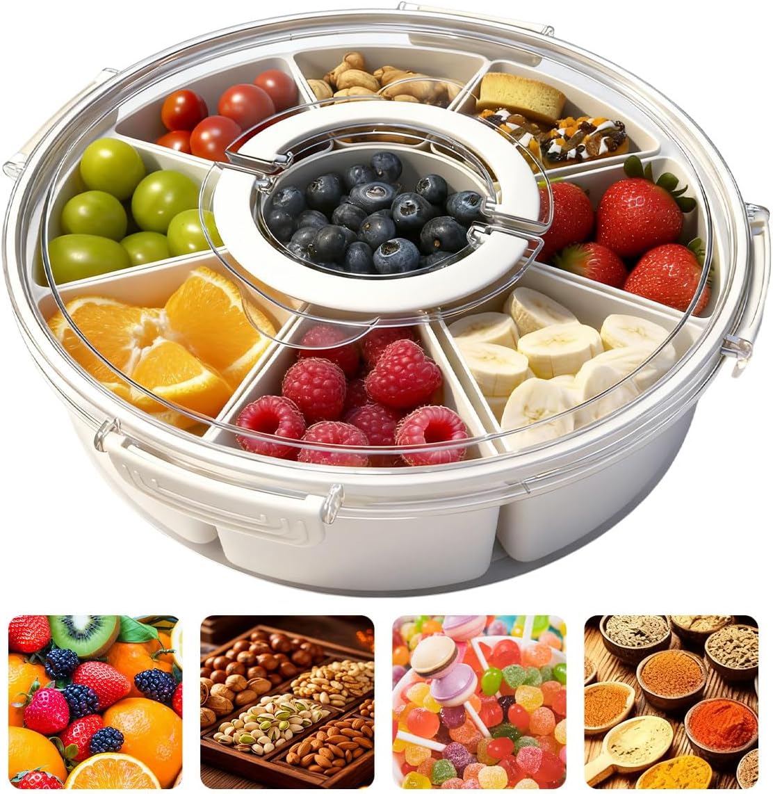 Modern Rotating Snack Biscuit Tray with Lid &Handle, 1 Box Multi-compartment Fruit &Vegetable Insulated Storage Box, Portable SnackBox for Home Kitchen Party Picnic, MultipurposeFood Organizer, Containers