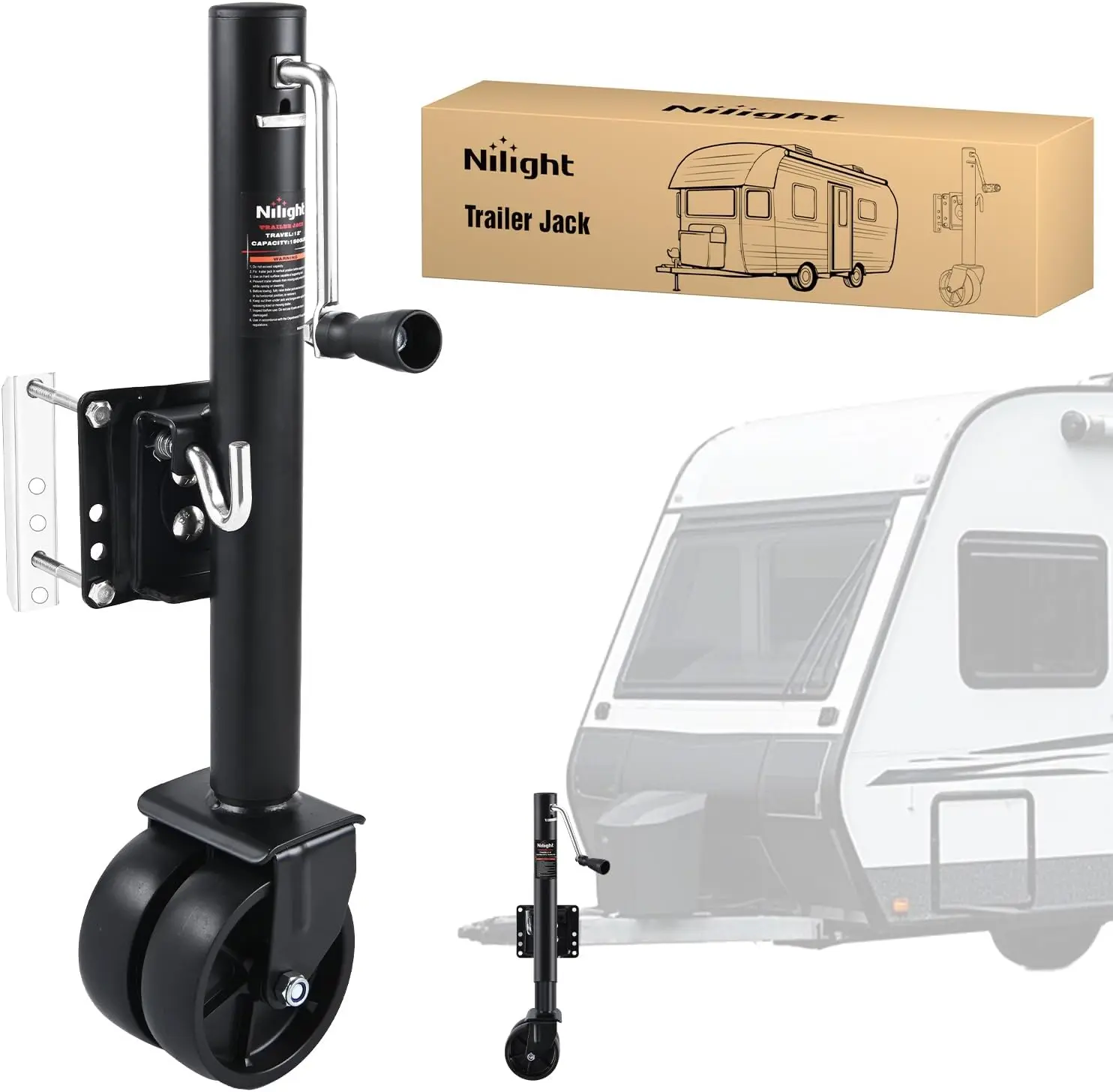 Nilight Heavy Duty 1500 LBS Trailer Tongue Jack, Alloy Steel Wheel, 12" Vertical Travel, Swivel Bolt-On Stabilizer Stand for Trailers, RV Campers - Black