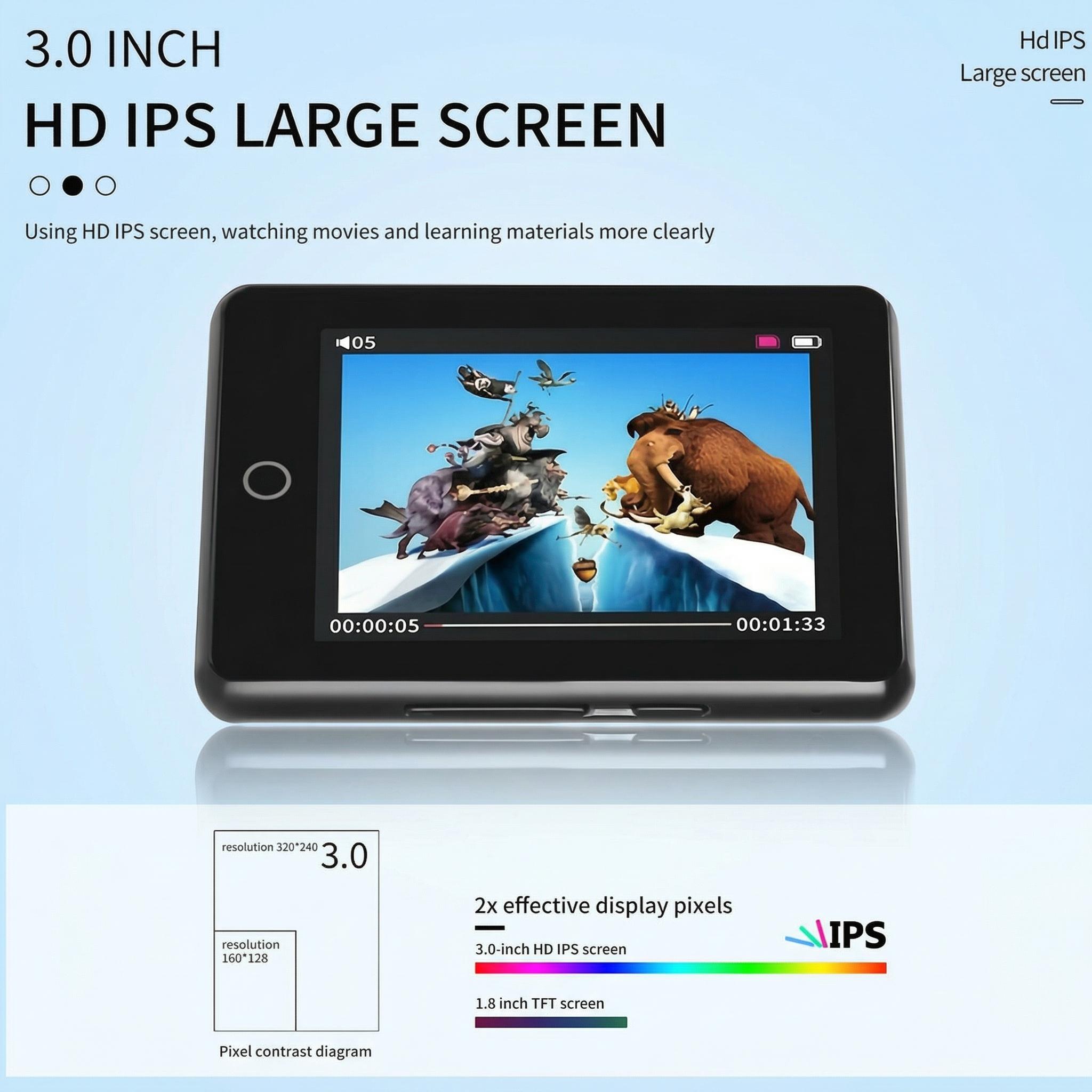 Full touchscreen MP3/MP4 player | Portable multimedia music player | Hi‑Fi external audio quality | Supports video playback, e‑book reading, and high‑definition recording | Supports TF card expansion up to 128 GB (memory card not included)