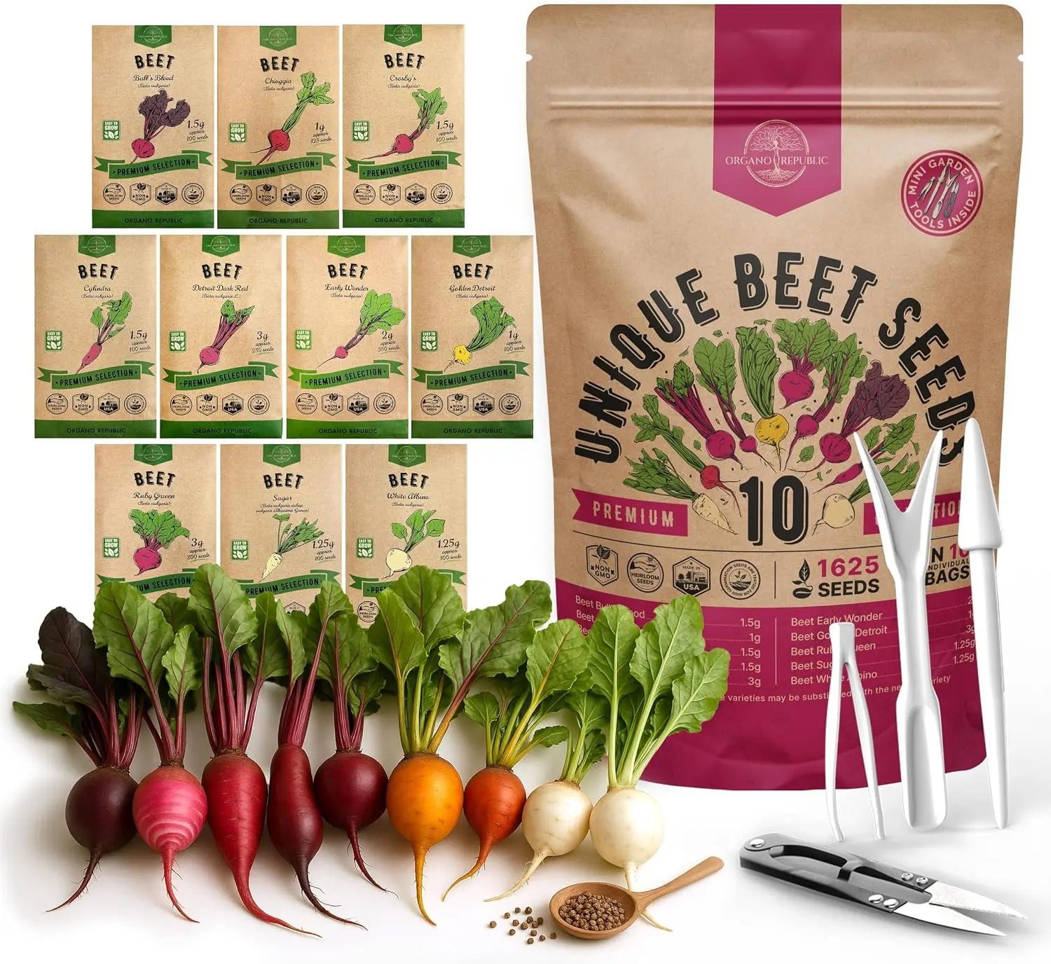 Rare Beet Seeds Variety Pack 10 Types, 1625+ Heirloom Non-GMO Beet Seeds for Planting, Includes Chioggia, Detroit Dark Red, Sugar, Cylindra, Bulls Blood & White Beet for Home Garden