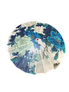 Rainproof Handmade Chinese Oiled Paper Umbrella Parasol 33" Blue & White Flowers
