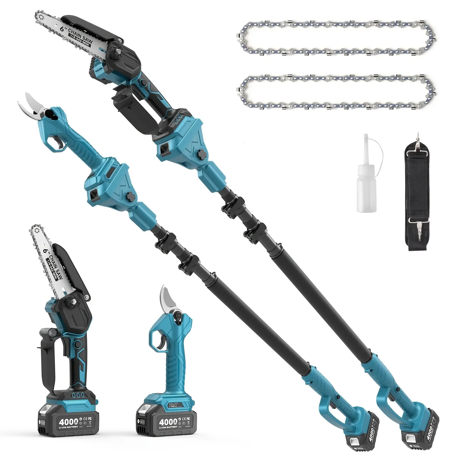 Taskstar 4-in-1 Cordless Chainsaw Tree Trimmer Set - 600W Brushless Motor, 6" Mini Chainsaw, Pruning Shears, 2x4000mAh Batteries, Extension Pole Handle, 15FT Reach, Plastic Body, Max 6" Branch Cutting Tool