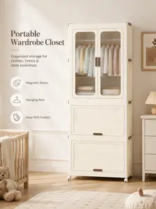 home space-saving sturdy Cream White American Design Portable Wardrobe Closet Storage Organizer - Magnetic Doors, 4 Cubes, Hanging Rod, 10 Hangers - Quick-Assembly Clothes Dresser for Bedroom, Dorm Multifunctional Collapsible Bins