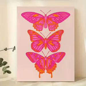 1 Piece Frameless Canvas Poster, Bright Pink and Orange Butterfly Print Wall Art for Living Room and Bedroom Decoration