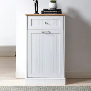 Trash Cabinet Tilt Out Freestanding, Pet Proof Kitchen Trash Cabinet Laundry Hamper with Cutting Board, Wood Garbage Recycling Station Hideaway Trash Holder Drawers (1, Black)(White)(Grey)