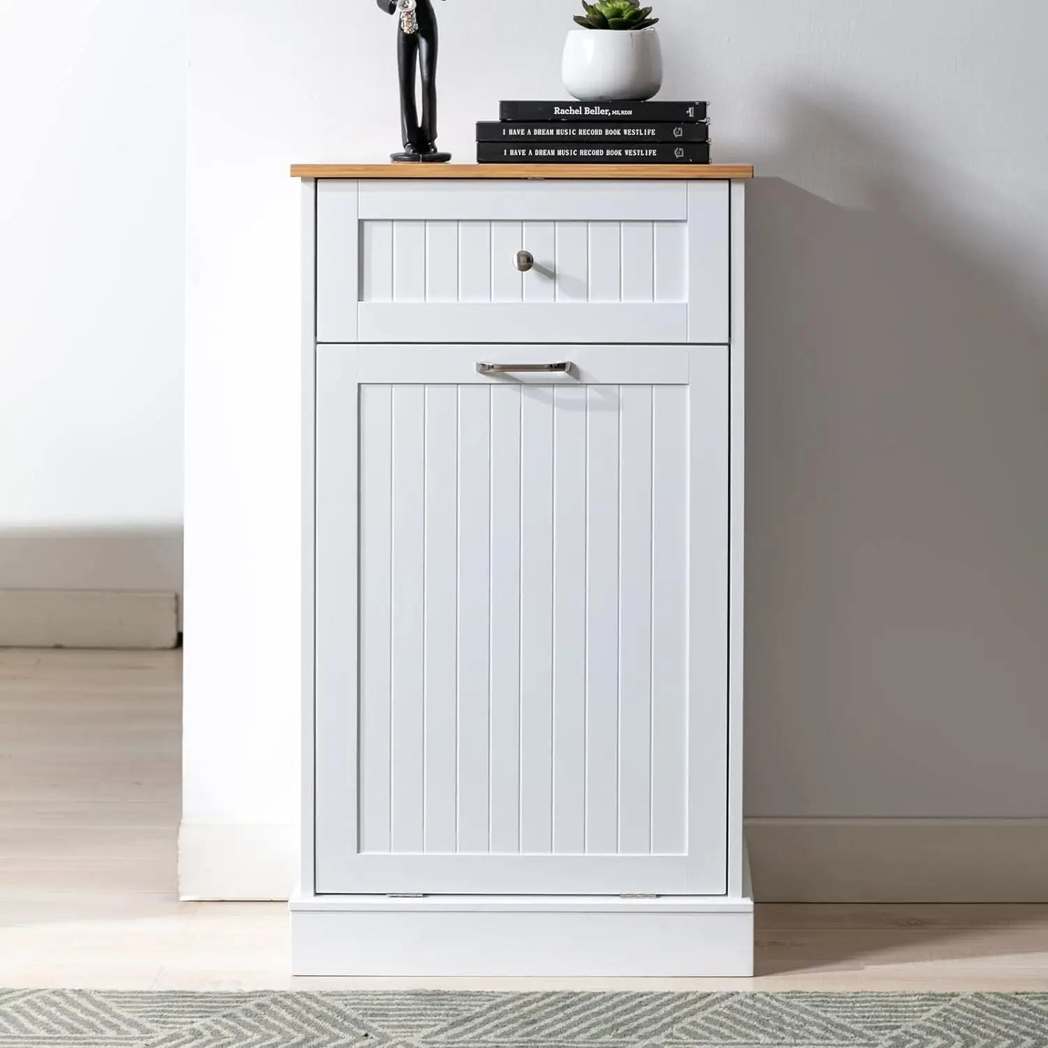 Trash Cabinet Tilt Out Freestanding, Pet Proof Kitchen Trash Cabinet Laundry Hamper with Cutting Board, Wood Garbage Recycling Station Hideaway Trash