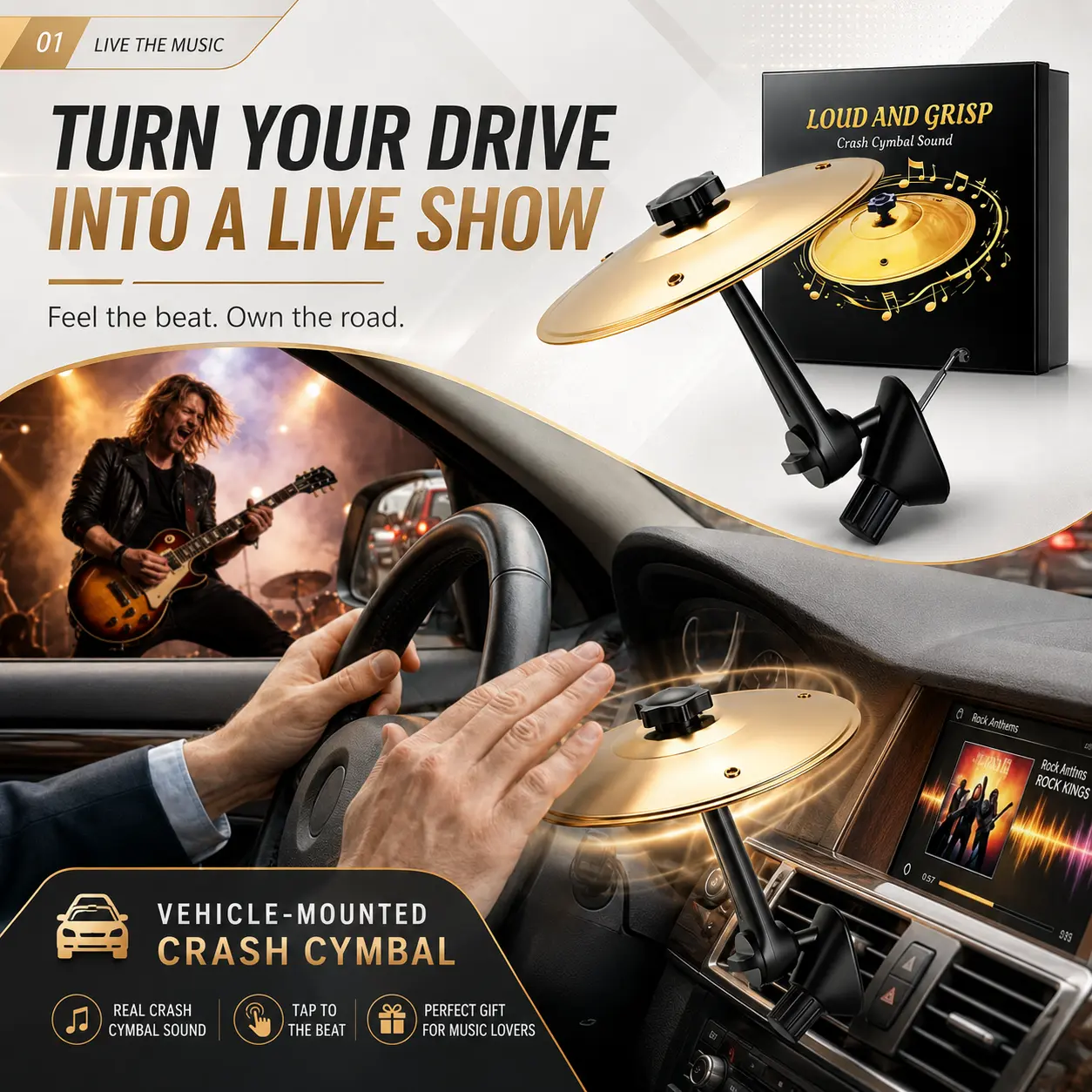 Car Cymbal Air Vent, 5.5-Inch Mini Metal Crash Cymbal for Dashboard, Adjustable Metal Hook Mount with Crisp Metallic Sound, Fun Stress Relief Car Gadget, Novelty Gift for Drivers, Drummers & Music Lovers, Fits Most Vehicle Air Vents