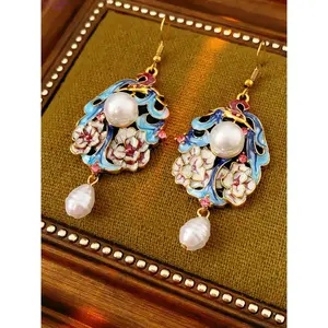 Vintage Enamel Peacock & Floral Pearl Earrings for Women, Intricately Designed Retro Statement Jewelry, Elegant Eye-Catching Accessories Perfect for Parties, Holidays, Weddings & Daily Dressy Styling