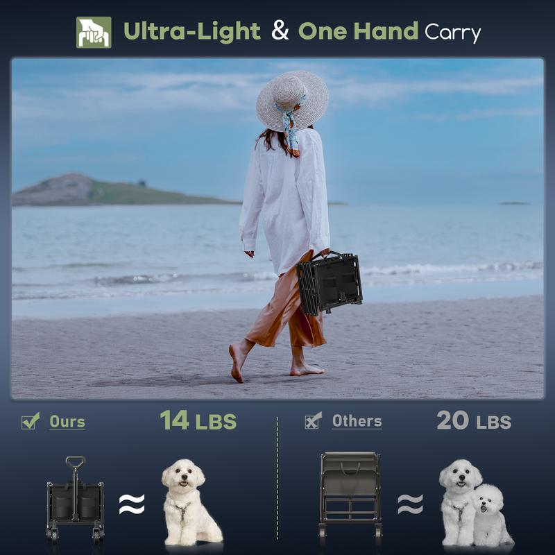 Collapsible Wagon Cart Foldable 34'' Extra Long, 360LBS Heavy Duty Folding Gardening Cart with Wheels, Portable Utility Outdoor Wagon for Grocery, Shopping, Sports, Camping, Black