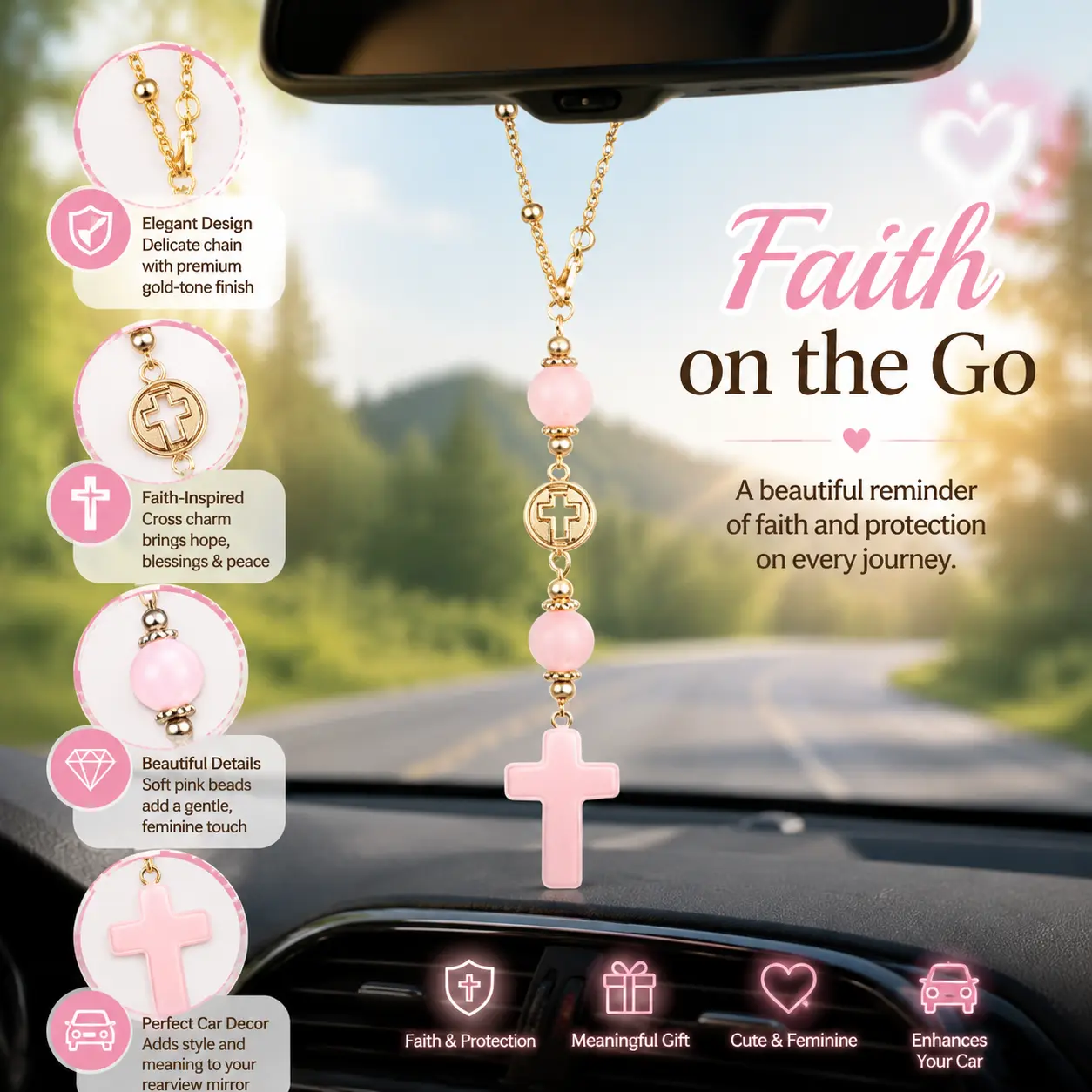 Pink Cross Rearview Mirror Charm, Christian Faith Car Accessories, Cute Hanging Ornament for Women, Aesthetic Car Interior Decor Gift