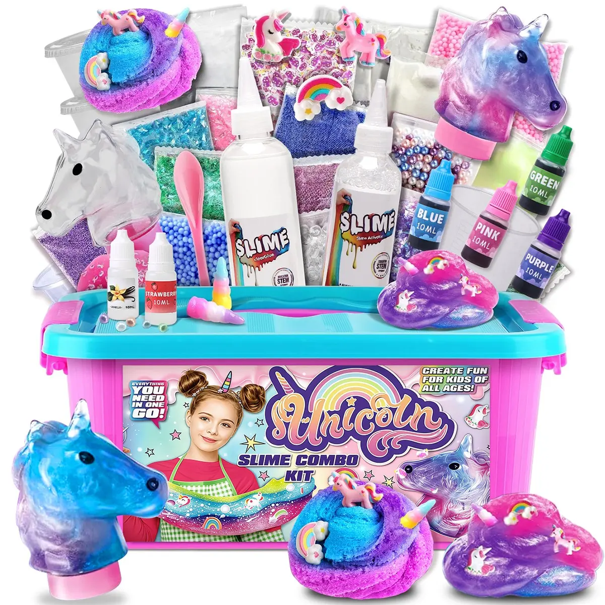 Unicorn Slime DIY Kit, Gradient Pearl Effect, Unicorn Decor Accessories, Fruit Scent, Scented Slime, Stretchy, Stress Relief Craft Toy Set for Kids Aged 3+