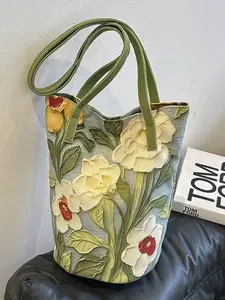 Oil Painting Floral Shoulder Bag, High-End Versatile Large Capacity Handbag, Commuter Bucket Bag, Stylish and Durable