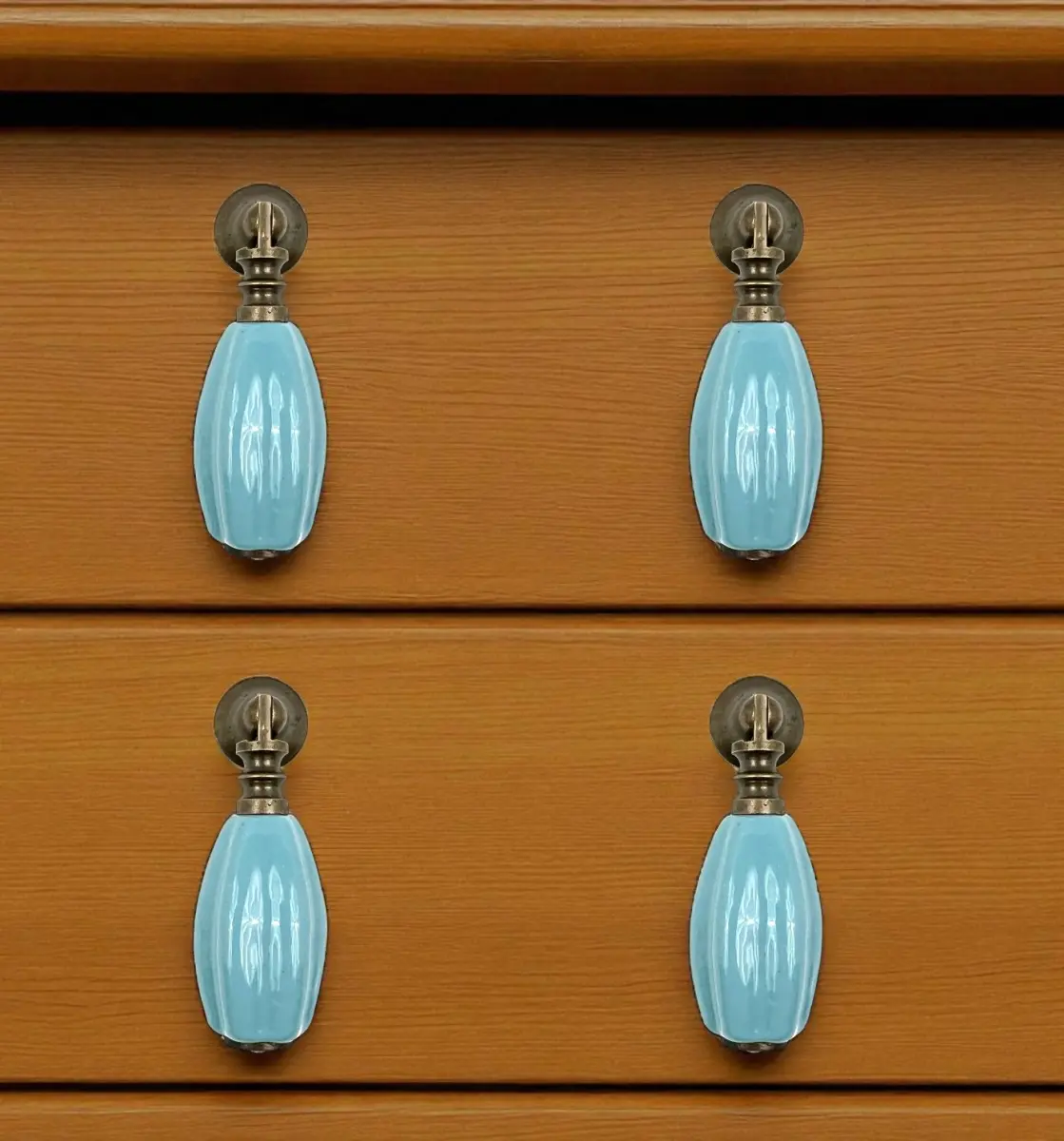 HomeRoots 6-Piece Hand-Painted Aqua & Brown Ribbed Texture Brass Ceramic Drawer Pull Knobs with Included Screw-In Hardware