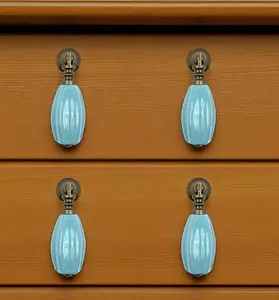 HomeRoots 635760 Aqua & Brown Ribbed Ceramic Drawer Pull Knobs - Set of 6