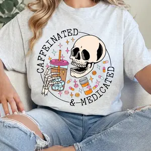 Gildan Caffeinated and medicated Unisex T-Shirt - Slim-Fitting Soft Gildan 50/50 DryBlend Fabric Sublimation Design- snarky humor