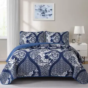 Navy Quilt Set  Size, Boho Damask Bedspread Coverlet Set Soft Lightweight Luxury Classical Bedding Set 3 count for  Season (96"x90")