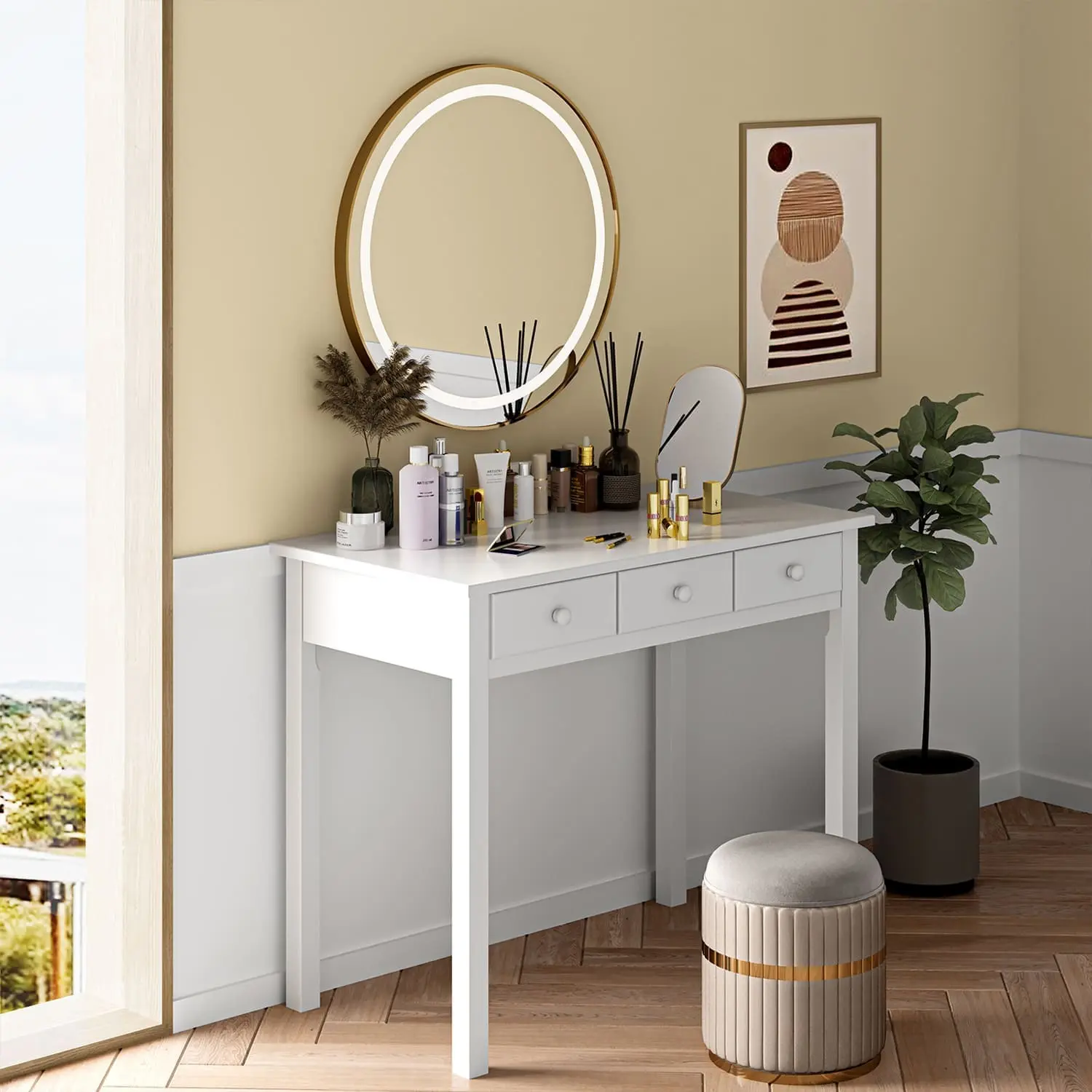 Sikaic Solid Pine Wood Legs Writing Desk with 7 Drawers White