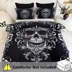 3pcs Gothic Skull Pattern DuvetCoverSet - Black & White Floral Design, All-Season Home Decor for Dorms and Bedrooms, Dorm Room Decor | Gothic Style Bedding | Polyester Fabric, Halloween Duvet Cover, Gothic Duvet Cover