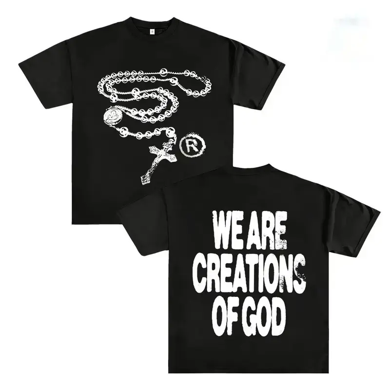 Men's Loose Fit Fashion Print T-Shirt, Cross Necklace Pattern, All-Season Casual Wear, Unisex Young College Street Style