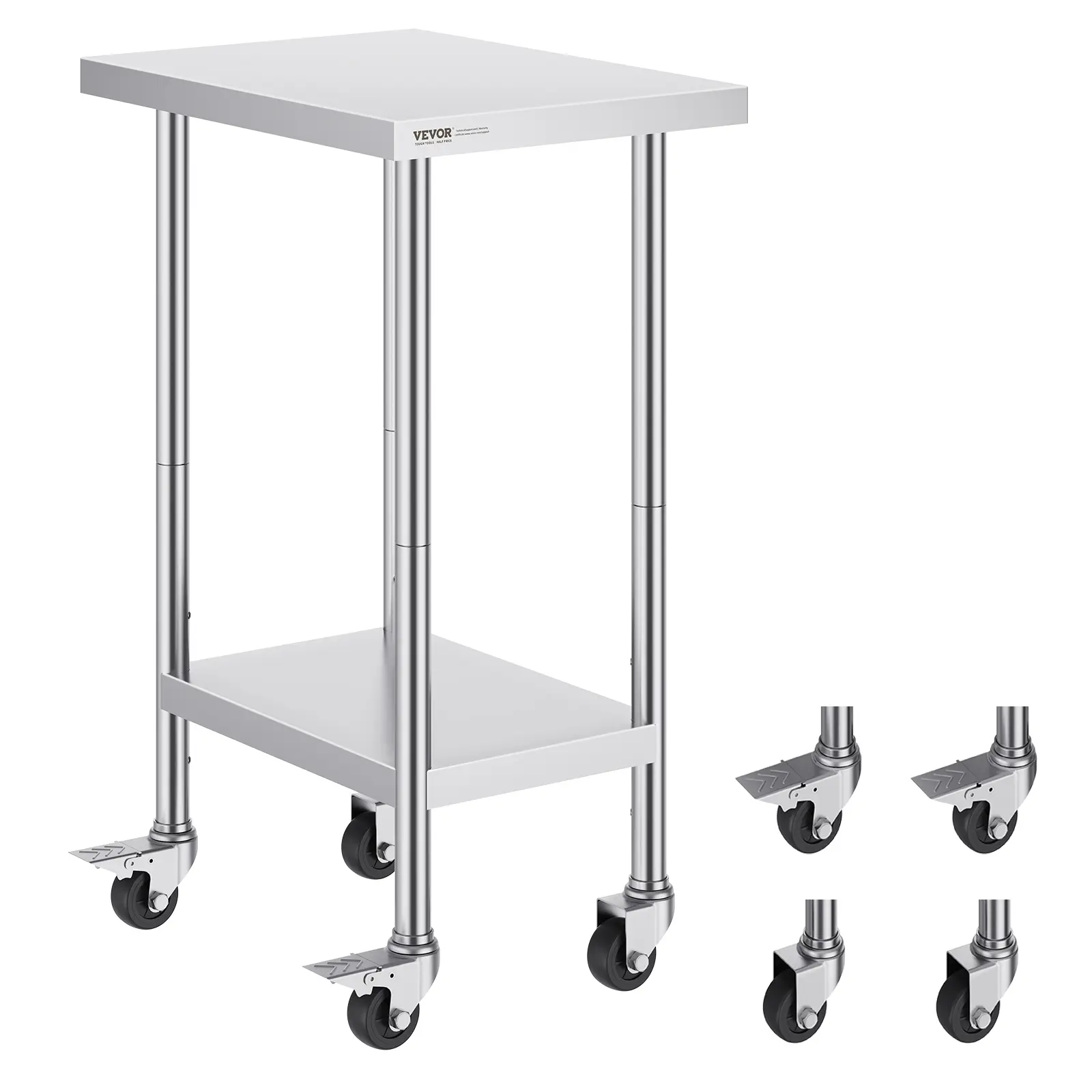 VEVOR Sturdy Stainless Steel Rectangle Heavy-Duty Work Table Cart with Wheels, Shelf, Organizer Storage Rack, 24x18x38in Smooth Surface, 4 Wheels, 3 Adjustable Height Levels, Food Prep Table for Commercial Kitchens, Garage, Silver, Nsf Certified