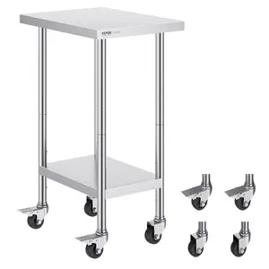 VEVOR Stainless Steel Work Table 24 x 18 x 38 Inch, with 4 Wheels, 3 Adjustable Height Levels, Heavy Duty Food Prep Worktable for Commercial Kitchen Restaurant, Silver